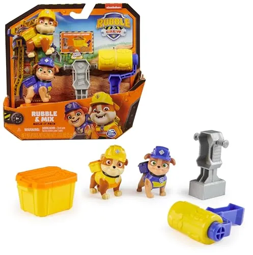 Rubble & Crew – Actionfiguren-Set mit Rubble & Mix Figur, 2 Bauspielzeugen und 85g Kinetic Sand Build-it-Sand, Spielzeug geeignet für Kinder ab 3 Jahren
