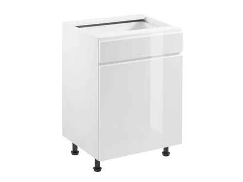 Hochglanz Küchenunterschrank mit Schublade und Ablagen - Moderner Küchenschrank in Weiß, 60 x 47 x 82 cm, mit Soft-Close-Tür und verstellbaren Füßen. Ideal für die Ess- oder Küche, bietet viel Stauraum und elegantes Design.