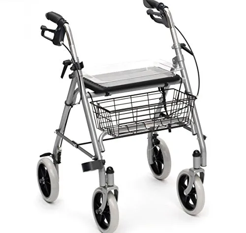 Drive Medical Rollator GIGO aus Aluminium I Reiserollator klappbar, inkl. Korb, Sitztablett & Stockhalter I Gepolsterte Rückenlehne, ergonomische Griffe & Bremsen I belastbar bis zu 120kg