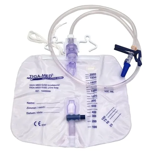 TIGA-MED Gold Urinbeutel | geschlossenes System | 2 Liter | steril | 110cm Schlauch | Bettbeutel für sichere Urinableitung