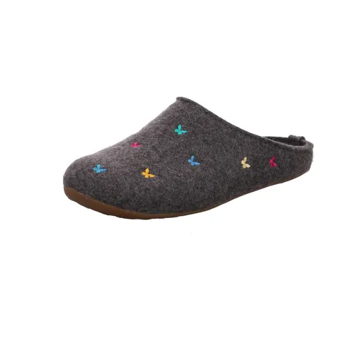 HAFLINGER Everest Farfalline Filzhausschuhe mit Schmetterlingen - Anthrazit, Gr. 36 - Hausschuhe aus reinem Wollfilz, der warm hält und atmungsaktiv ist. Mit anatomischem, herausnehmbarem Fußbett für individuellen Komfort und stabiler Gummisohle für besten Halt.