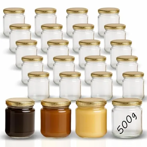 gouveo 24er Set Marmeladengläser 500g Honig - Vielseitige Vorratsgläser mit Bienenwaben-Design - Einmachgläser für Honig und mehr, aus hochwertigem Klarglas mit wiederverwendbaren Schraubdeckeln. Ideal zum Einwecken von Obst und als Geschenkidee!