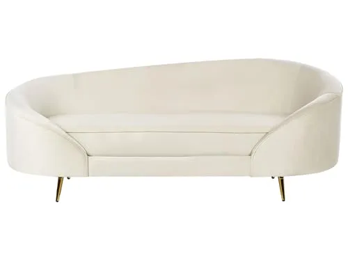 3er Sofa Samt beige oval Retro Glamour mit Metallbeinen - Elegantes 3-Sitzer Sofa aus geschmeidigem Samt, ideal für Wohn- oder Esszimmer. Die gebogene Form und vertikale Steppungen verleihen einen luxuriösen Look und das pflegeleichte Material sorgt für einfachen Umgang.