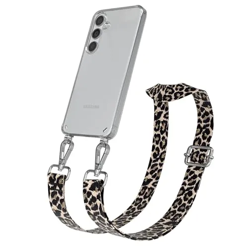 EAZY CASE Handykette - Verstellbares Taschenband kompatibel mit Galaxy S24, Schulterriemen, Handykordel mit Silikon Hülle, Umhängetasche, Leo - Schwarz Beige Metall Silber