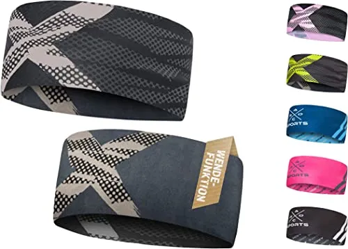 Atmungsaktives Sport Stirnband Damen & Herren - schnelltrocknendes Kopfband zum Wenden - leichtes & elastisches Haarband, winddichtes Schweißband Stirn (schwarz/grau)
