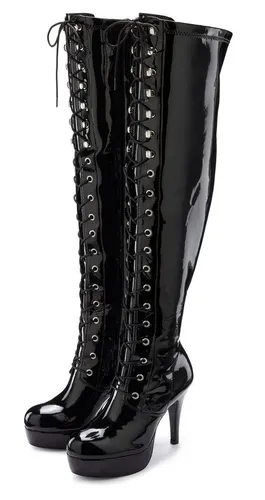 LASCANA Belle Affaire Overkneestiefel – High-Heel-Stiefelette zum Schnüren, Gr. 39, schwarz - Stilvolle Overkneestiefel von LASCANA Belle Affaire in glänzender Lack-Optik. Mit 11 cm Absatzhöhe, Reißverschluss und Plateausohle für einen sexy Look!