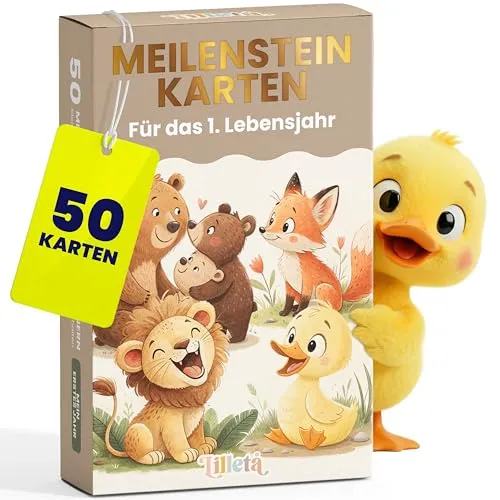 Lilleta ® Meilensteinkarten Baby – 50 Karten zum Festhalten der Meilensteine im ersten Jahr – Baby Monatskarten für bleibende Erinnerungen – Geschenkfür die Babyparty