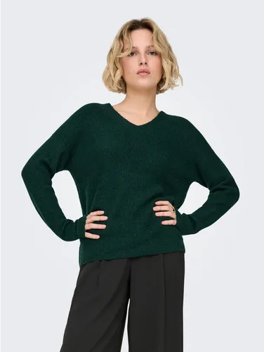 ONLY Damen ONLCAMILLA V-Neck L/S Strickpullover - Eleganter hüftlanger Damenpullover in Scarab-Melange, ideal für die Herbst-/Wintersaison mit weicher Haptik und regulärer Passform.