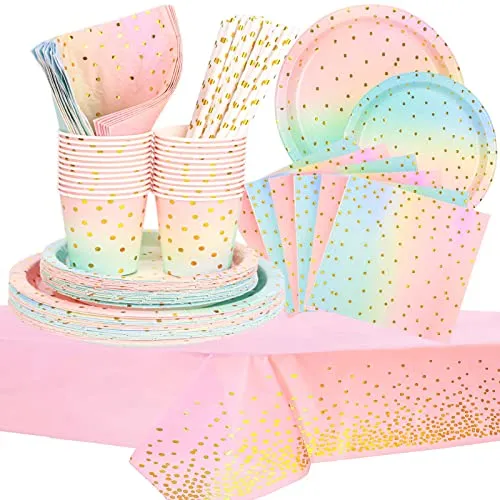 DUGEHO 121 Stück Geburtstag Party Geschirr,Pappteller Kindergeburtstag Set einschließlich Tischdecke Teller Becher Servietten Strohhalme für Babydusche Geburtstag Hochzeit Party