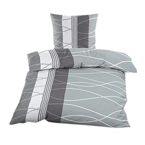 Biber Bettwäsche 135x200 cm | 2tlg. | 100% Baumwolle | Anthrazit Grau gestreift - Bettwäsche aus 100% Baumwolle in 135x200 cm, mit praktischem Reißverschluss und elegantem Wellenmuster. Ideal für gemütliche Nächte und einfach zu pflegen.