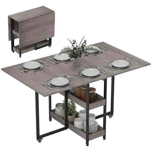 HOMCOM Klapptisch Esstisch für 2-4 Personen - Mobiler Klapptisch für kleine Räume, mit ausklappbaren Tischplatten für bis zu vier Personen und zwei offenen Ablagen zur praktischen Aufbewahrung.