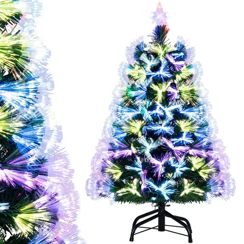 COSTWAY 90 cm Künstlicher Weihnachtsbaum, Tannenbaum mit Beleuchtung, weißen LEDs, 8 Modi, 96 PVC-Zweigspitzen, 96 lila, Stern Oben & Glasfasern