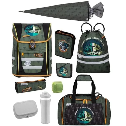 McNeill Schulranzen Teneris THE MANDALORIAN Set (10-tlg.) - Leichter Schulranzen für Schulanfänger mit atmungsaktivem Air-Flow Rückensystem und Disney-Motiven. Inklusive Sporttasche und 70cm Zuckertüte.