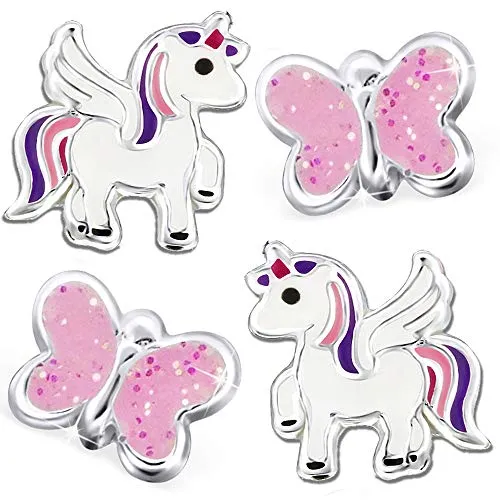 Set Mädchen Kinder Ohrringe 925 echt Silber Pferde Ohrstecker kleine Einhorn Glitzer Schmuck (Schmetterling Nr.1 + K200o)