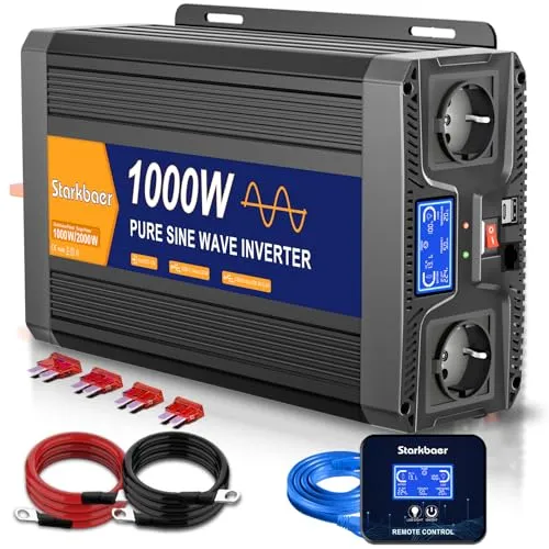 Wechselrichter 1000 /2000W Reiner Sinus 12v auf 230v Spannungswandler KFZ Konverter mit LCD, Fernbedienung,2 EU AC Steckdosen,1 USB-C und 1 USB für Wohnmobil, Auto, Solar, Camping & Stromausfall