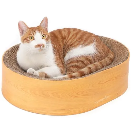FUKUMARU Kratzbrett Katzen, ovales Kratzbrett für Katzen, Katzenkratzbrett aus hochwertigem Karton, widerstandsfähig Kratzmöbel, Schützt Ihre Möbel ，Kratzen & Ausruhen，Holzfarbe