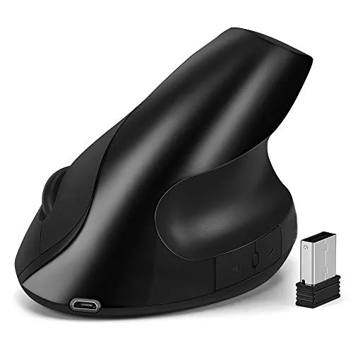 EasyULT Vertical Ergonomische Kabellose Maus, Wiederaufladbarer 2.4 GHz Optische Wireless Kabellos Funk Maus mit Nano-Empfänger für Windows, Mac OS, 800/1200/1600 DPI Einstellbare, 6 Tasten(Schwarz)