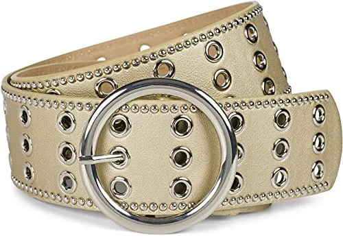 styleBREAKER Damen Gürtel mit Lochnieten und runder Schließe - Damen-Gürtel mit edlem Design und drei Reihen Lochnieten, individuell kürzbar und vielseitig tragbar als Taillengürtel oder Hüftgürtel.