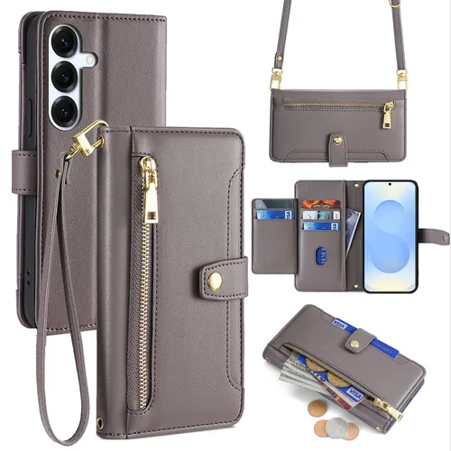 Handykette Samsung Hülle mit Band PU Leder Umhängetasche Galaxy S25 in Grau