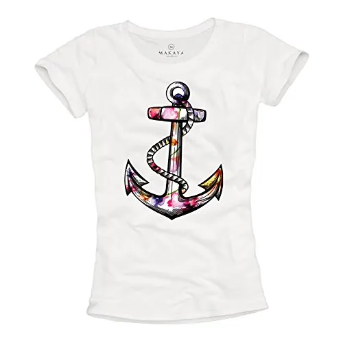 Anker Damen T-Shirt - Weiß mit Buntem Druck - Größe S - Hochwertiges Damen T-Shirt mit farbenfrohem Siebdruck. Angenehmer Stoff und leicht taillierter Schnitt sorgen für Komfort. Ideal für den täglichen Einsatz!