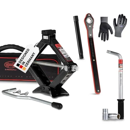 HEYNER® Wagenheber 1t Traglast Scherenwagenheber Set mit Radmutternschlüssel & Montagehandschuhe drehbarer Sattel und Gummiauflage TÜV & GS