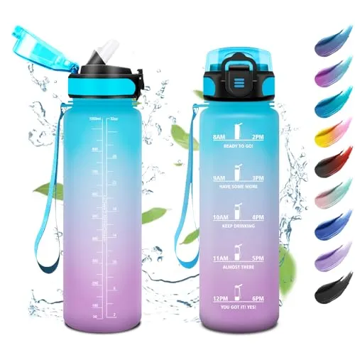 KollyKolla Trinkflasche 1L, Wasserflasche mit Strohhalm, Auslaufsicher, Kohlensäure Geeignet, Sportflasche mit Zeitmarkierung, für Schule, Camping, Fahrrad
