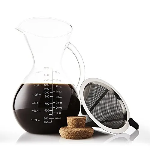 Apace Living SultryBrew Pour Over Kaffeebereiter inkl. Kaffeeschaufel und Korkdeckel Eleganter Handfilter für Filterkaffee mit Glaskaraffe & Permanentfilter aus Edelstahl (1500 ML)