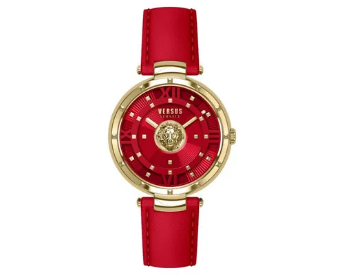 Versus by Versace Damen Uhr Moscova VSPHH3521 - Elegante Armbanduhr für Damen mit goldfarbenem Edelstahlgehäuse und rotem Lederarmband, ideal für einen stilvollen Auftritt.