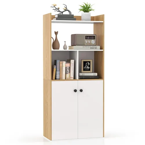 COSTWAY Bücherregal mit Doppeltürschrank, 3-stöckiges hohes Ablageregal mit offenen Fächern, freistehender Türschrank 60 x 30 x 140 cm