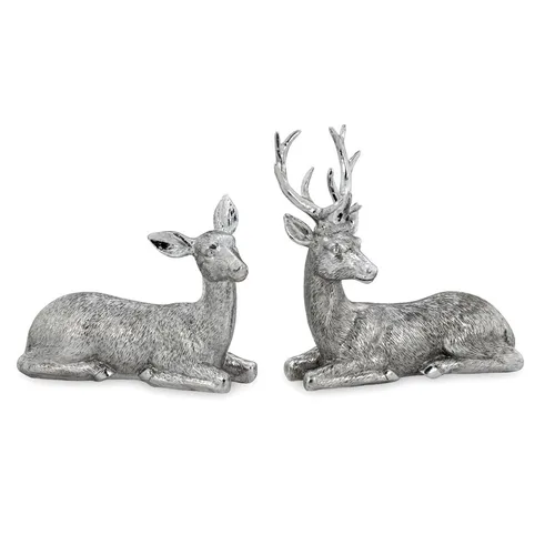Kleines Liegendes Silber Deko Hirsch Paar & Geweih - Weihnachten Wildfigur 2tlg.