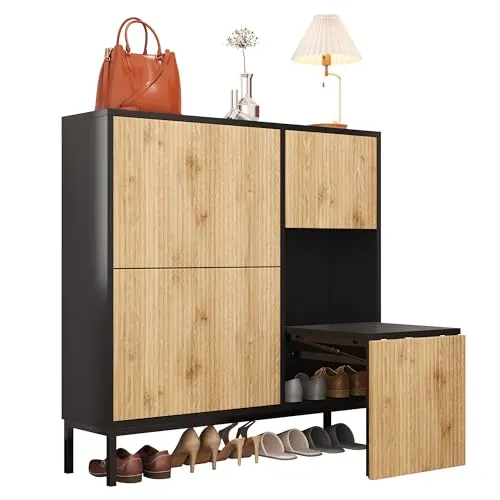 SOFTWEARY Schuhschrank mit Sitzfläche - Schuhkipper und Mehrzweckschrank für schmale Flure, Platz für ca. 14 Paar Schuhe und klappbare Sitzfläche, ideal für den Eingangsbereich.