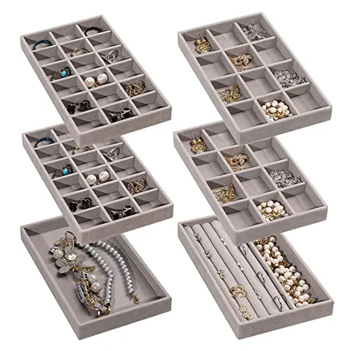 Frebeauty Schmuck Organizer Tablett, stapelbare Samt Schmuck Tabletts, Schublade Einsätze Ohrring Organizer für Frauen Mädchen Schmuck Lagerung Vitrine für Ringe Stud Halsketten, Set 6(Grau)