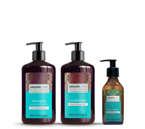 Arganicare Haarpflege-Set ArganOil Set + Serum, 3-tlg. - Dieses 3-teilige Haarpflege-Set mit Shampoo, Conditioner und Serum bietet intensive Pflege und Nährstoffversorgung für glänzendes, gesundes Haar. Ideal für trockene und strapazierte Haare.