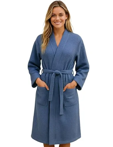 Morgenstern Bademantel Damen Leicht 100% Baumwolle Waffelstoff Waffelpique Waffelmuster Paula Oeko Tex Standard Blau M