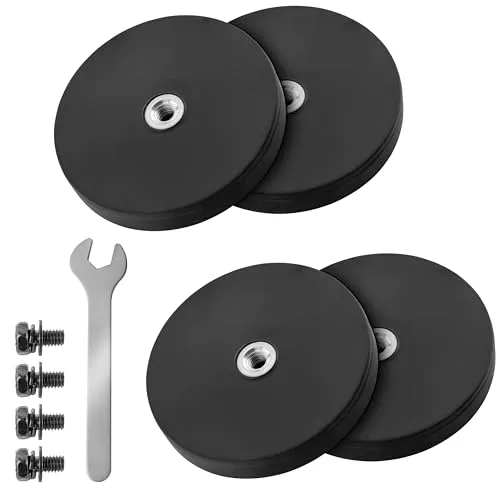 Poppstar 4x Magnet mit Gewinde, gummiert, Neodym, Durchmesser 43 mm, mit Innengewinde M4, 8 kg Haftkraft, mit Schraubenschlüssel und 4 Schrauben