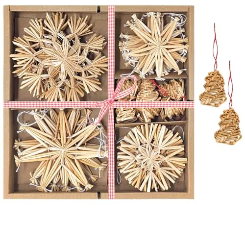 COM-FOUR® 26x Strohsterne im Mix-Set - Christbaum-Schmuck - Stroh-Anhänger für den Weihnachtsbaum - natürlicher Christbaum-Behang - Weihnachtsdekoration (026-teilig - Set3)