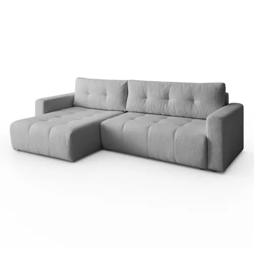 Margaret Hadas24 Ecksofa L-Form Viola 261 x 143 cm mit Schlaffunktion, Bettkasten, modernes Sofa, Schlafsofa, Schlafcouch, Lammfelloptik, Bequeme Wohnlandschaft, Stauraum, universale Seite (hellgrau)