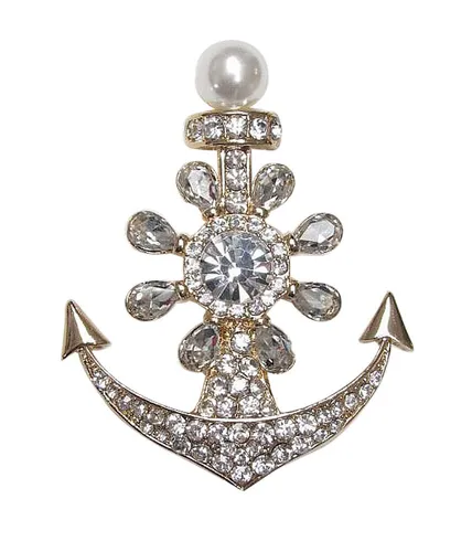 Schmuck Brosche Stahl vergoldet Anker Marine Strass Kristall weiß.