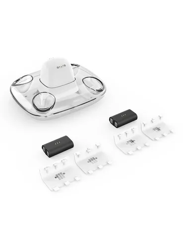 Dual Charging Dock + 2 Batterien für Xbox One + Series X/S - Weiß - Gaming-Zubehör mit magnetischem Kontaktladen und einstellbarer Umgebungsbeleuchtung für eine sichere und stilvolle Ladeerfahrung.