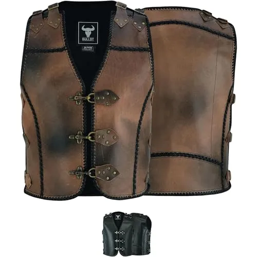 BULLDT Lederweste Herren Kalbsleder geflochten – 1,5mm Dickleder Motorradweste - Lederkutte Handgefertigt verstellbar mit Carabiner-Verschluss – Clubweste Schwarz/Antikbraun Robust -Braun - 54