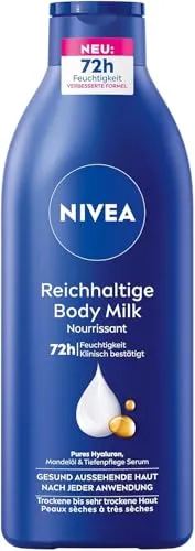 NIVEA Reichhaltige Body Milk, intensiv pflegende Körpercreme mit purem Hyaluron, Mandelöl und Tiefenpflege Serum, Lotion für trockene Haut (400 ml)