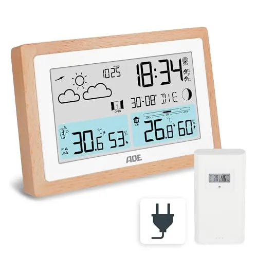 ADE Digitale Wetterstation Funk mit Außensensor - Wetterstationen mit attraktivem Vollholz-Design, bietet Innen- und Außentemperatur, Hygrometer und Lüftungsempfehlung für ein angenehmes Raumklima.