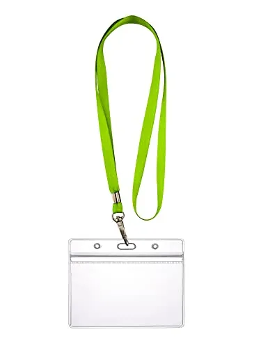 WEBBOMB Ausweishülle ZIP Kartenhalter flexibel horizontal wasserdicht für 1-2 Ausweise und Karten Namensschilder ID-Card Schutzhülle 0,80mm transparent + 360° Umhängeband Lanyard (Neongrün)