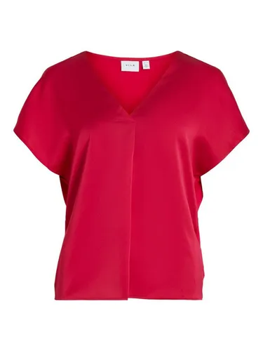 Vila Damen Viellette V-Neck S/S Satin Top-Noos - Elegante Kurzarmbluse für Damen mit V-Ausschnitt und überschnittenen Schultern. Hergestellt aus recyceltem Polyester für eine umweltbewusste Wahl.