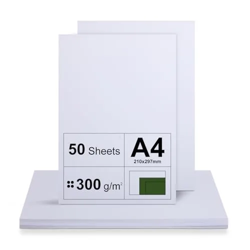 A4 Kartonpapier 300g/m², 50 Blatt Dick für Drucker, Premium Weiß, Unbedruckt für Basteln, Präsentationen, Grußkarten