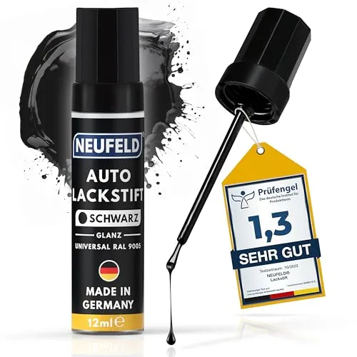 NEUFELD® Lackstift Schwarz Glänzend [12ml] - Hohe Deckkraft für Kratzer - Lackstifte für Autos, ideal zum schnellen Ausbessern von Kratzern in nur 15 Minuten mit witterungsfestem, dickflüssigem Autolack - Made in Germany.