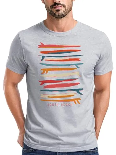 Neverless® Herren T-Shirt Surfboards South Beach California USA Sommer Surfing Fashion Streetstyle Grau-rot XL