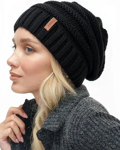 FURTALK Gestrickte Winter Slouchy Beanie Mütze Oversized Unisex Crochet Cable Ski Cap Baggy Slouch Hüte für Frauen Männer, Schwarz, Einheitsgröße