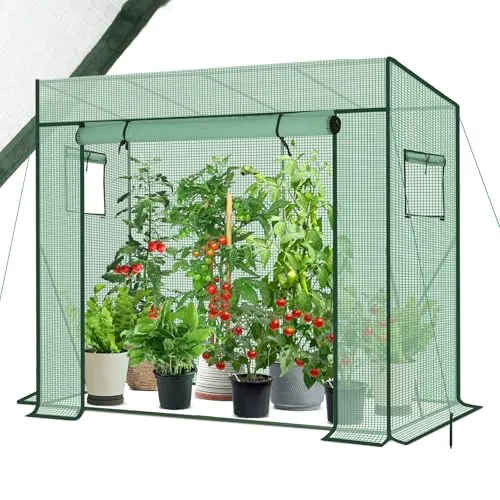 Sekey Gewächshaus Schrägdach 200x77x146/169 cm - Begehbares Foliengewächshaus aus wetterfestem, 140g/m² PE Material, ideal für Tomaten und andere Pflanzen, mit 2 Fenstern und Reißverschlusstür für optimale Belüftung.