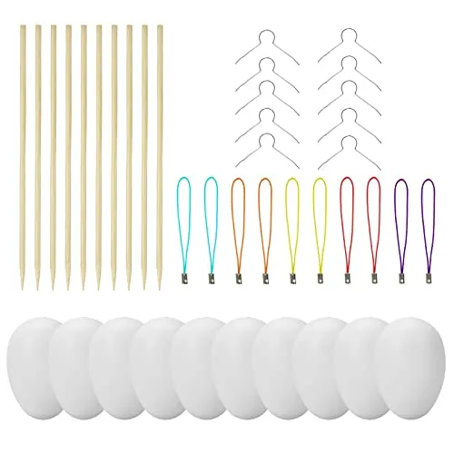 Deko-Eier Ostern [6 cm, Kunststoff] + 50 Aufhänger für Ostereier + 10 Schaschlik-Spieße fürs Marmorierenzum oder malen, Osterdekoration 50